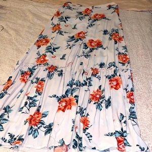 High waisted pink floral maxi skirt with front slit